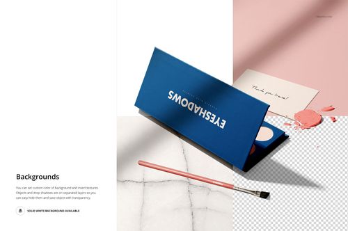 Blue eyeshadow palette mockup shown partly open with makeup brush and scattered pink powder on a light background.