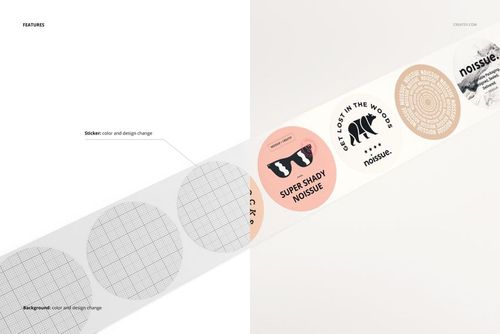 Round sticker tape mockup displayed diagonally, with multiple colorful sticker designs and a grid pattern on some stickers.