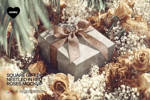 Elegant square gift box mockup with a decorative ribbon, nestled among red and gold roses and leafy accents.