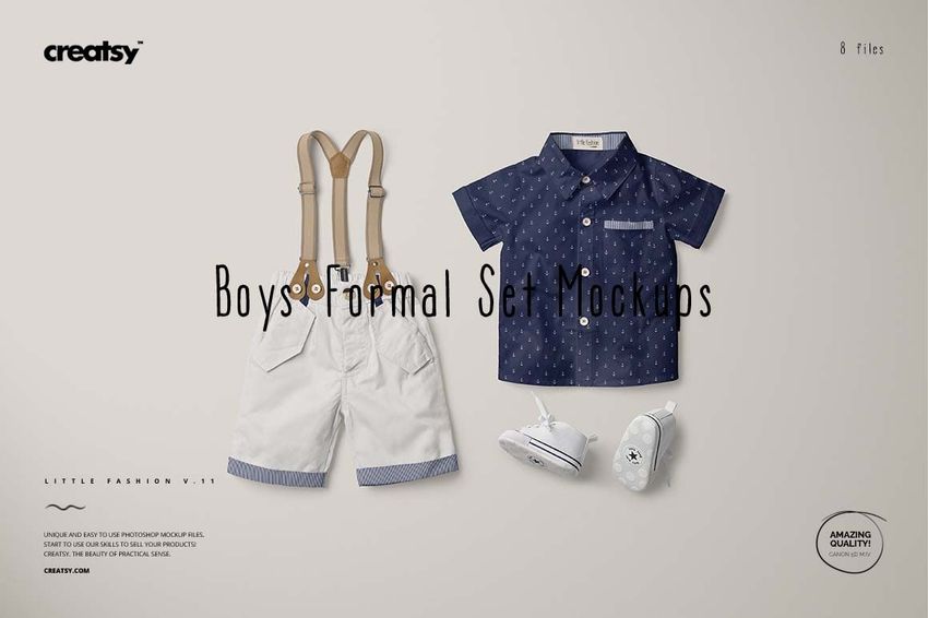 Boys formal set mockup featuring beige shorts with suspenders, a navy blue short-sleeve shirt, and white shoes on a light background.