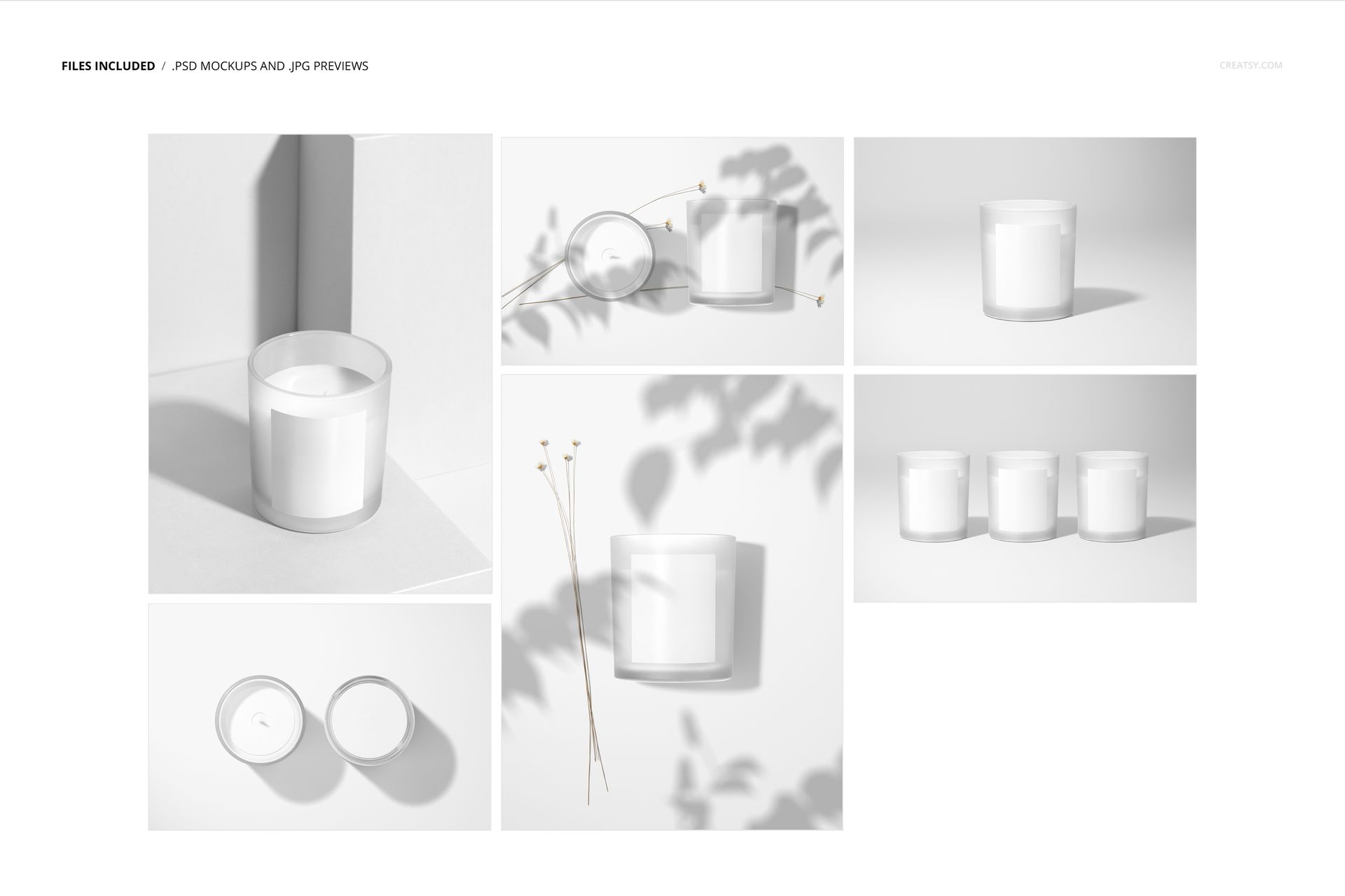 Frosted glass candle mockup set featuring multiple white candles in minimalist scenes with soft shadows.