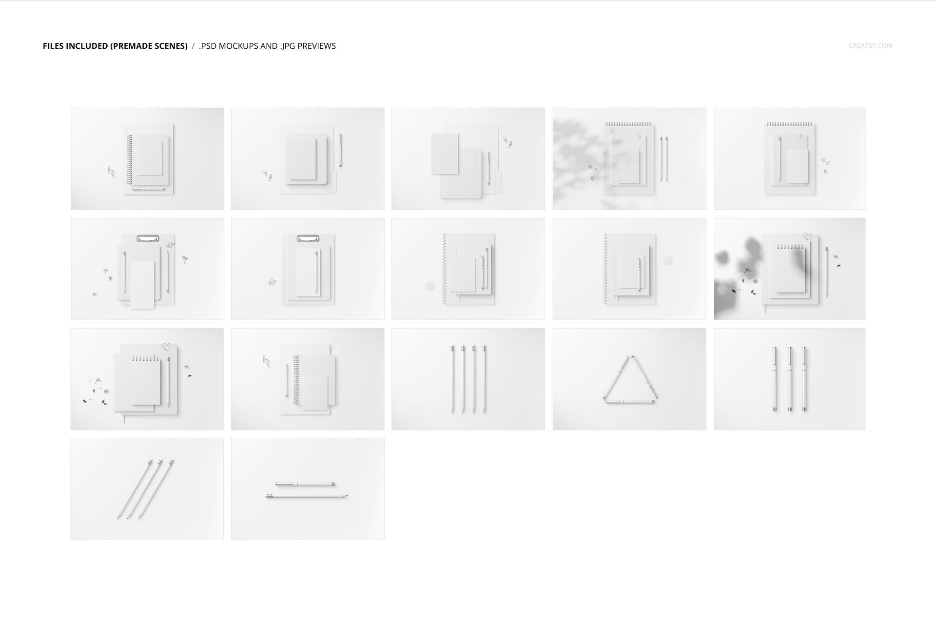 Stationery set mockup bundle featuring various paper sheets, envelopes, and pens arranged on a white background, top view.