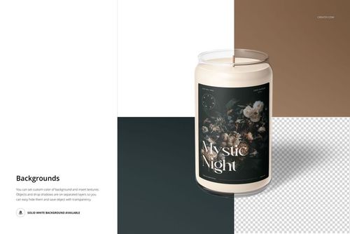 Front view of a glass candle mockup featuring a dark floral label, cream wax, and divided color background.