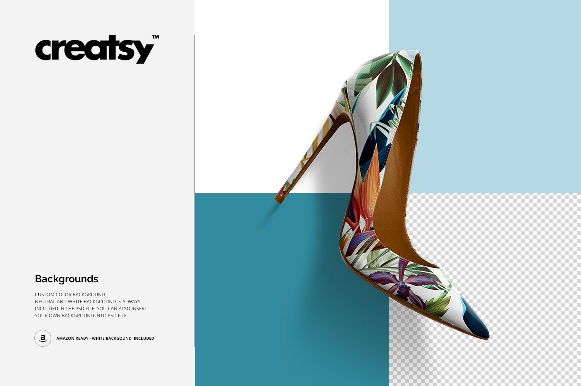 Single high heel shoe mockup featuring a tropical leaf design, shown from a side perspective on a geometric background.