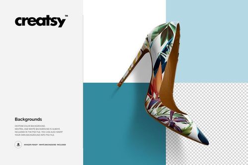 Single high heel shoe mockup featuring a tropical leaf design, shown from a side perspective on a geometric background.