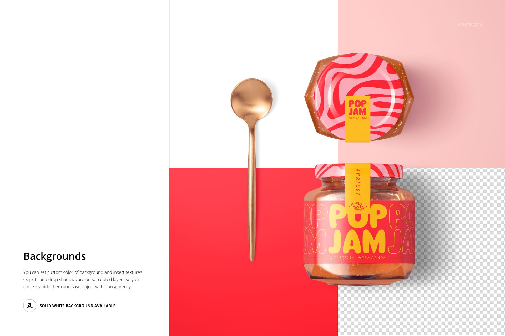 PSD mockup of an apricot jam jar featuring a bright design and gold spoon, displayed on a red and white background.