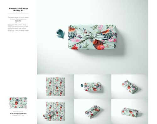 Fabric mockup bundle featuring a wrapped textile with colorful flowers and birds, displayed alongside pattern previews.