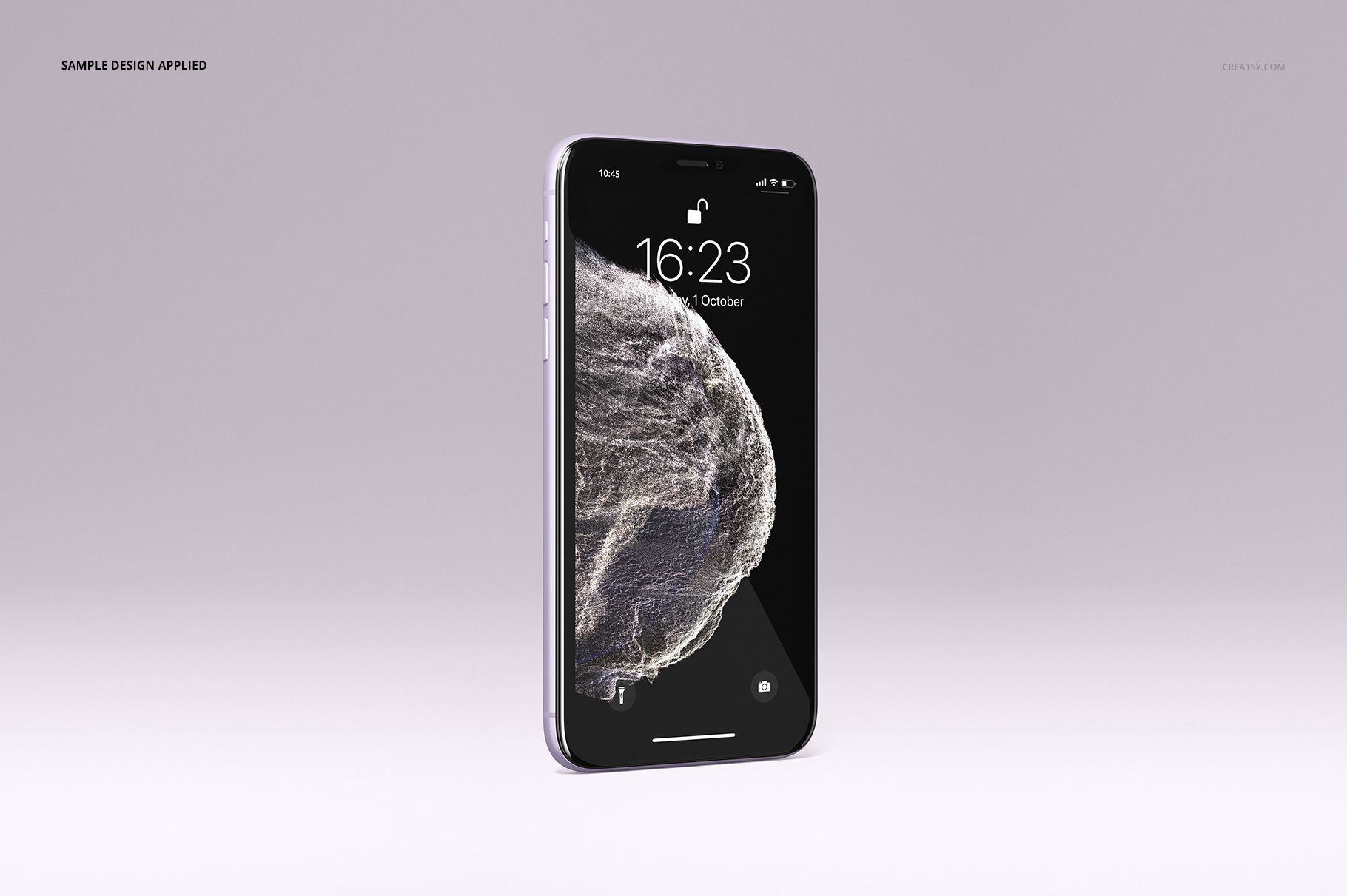 Mockup of an iPhone 11 standing upright, featuring a textured black and white wallpaper, isolated on a pale lavender surface.