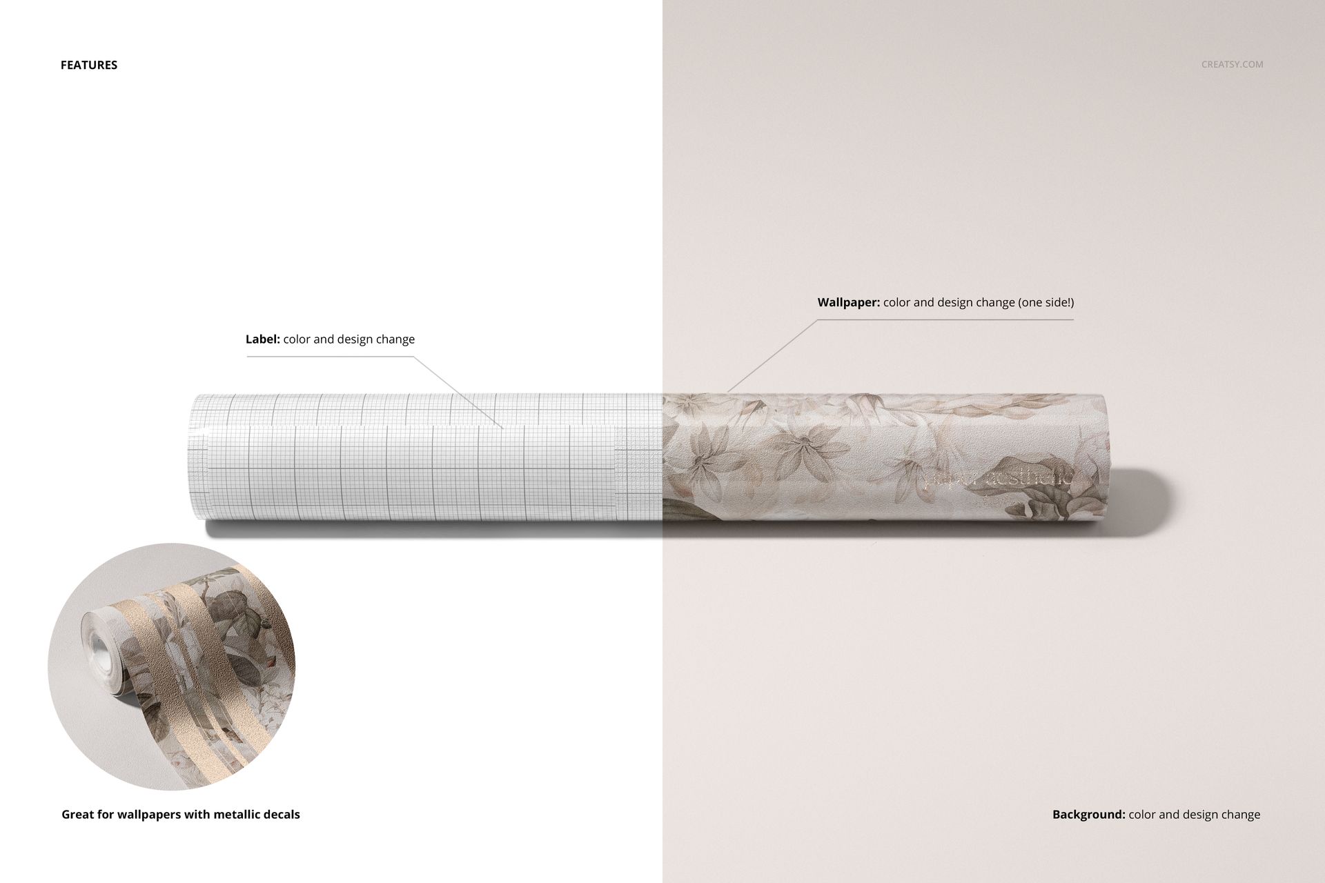 Rolled non-woven vinyl wallpaper mockup with a floral pattern, shown on a light surface with split design details.