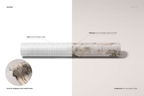 Rolled non-woven vinyl wallpaper mockup with a floral pattern, shown on a light surface with split design details.
