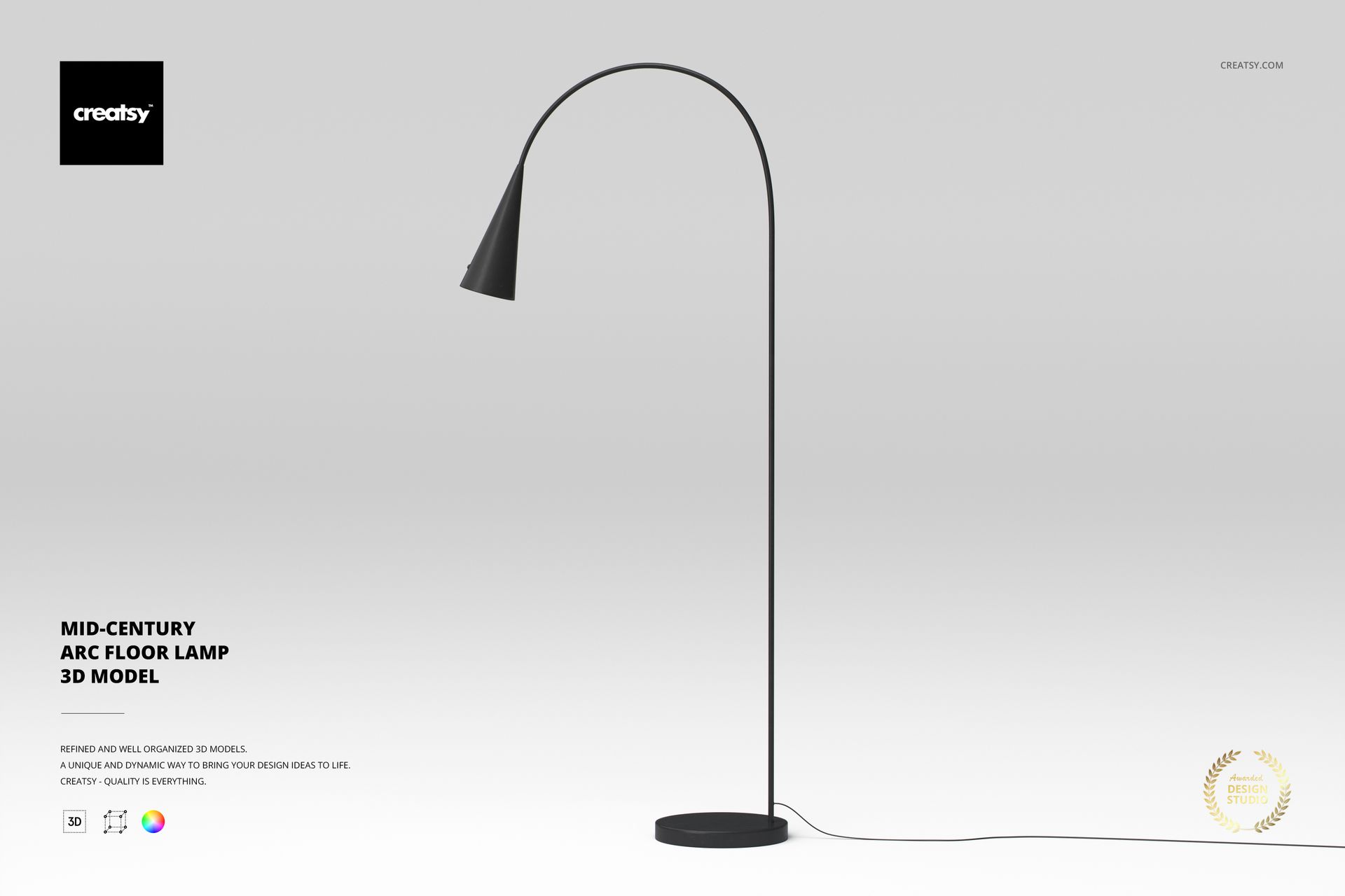 Minimalist black arc floor lamp with a slender curved stand and cone-shaped shade, shown on a light gray background.