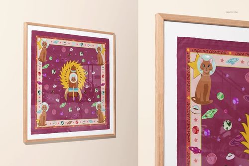 Square silk scarf featuring playful cat and space-themed designs, presented as a framed wall art mockup, angled perspective.