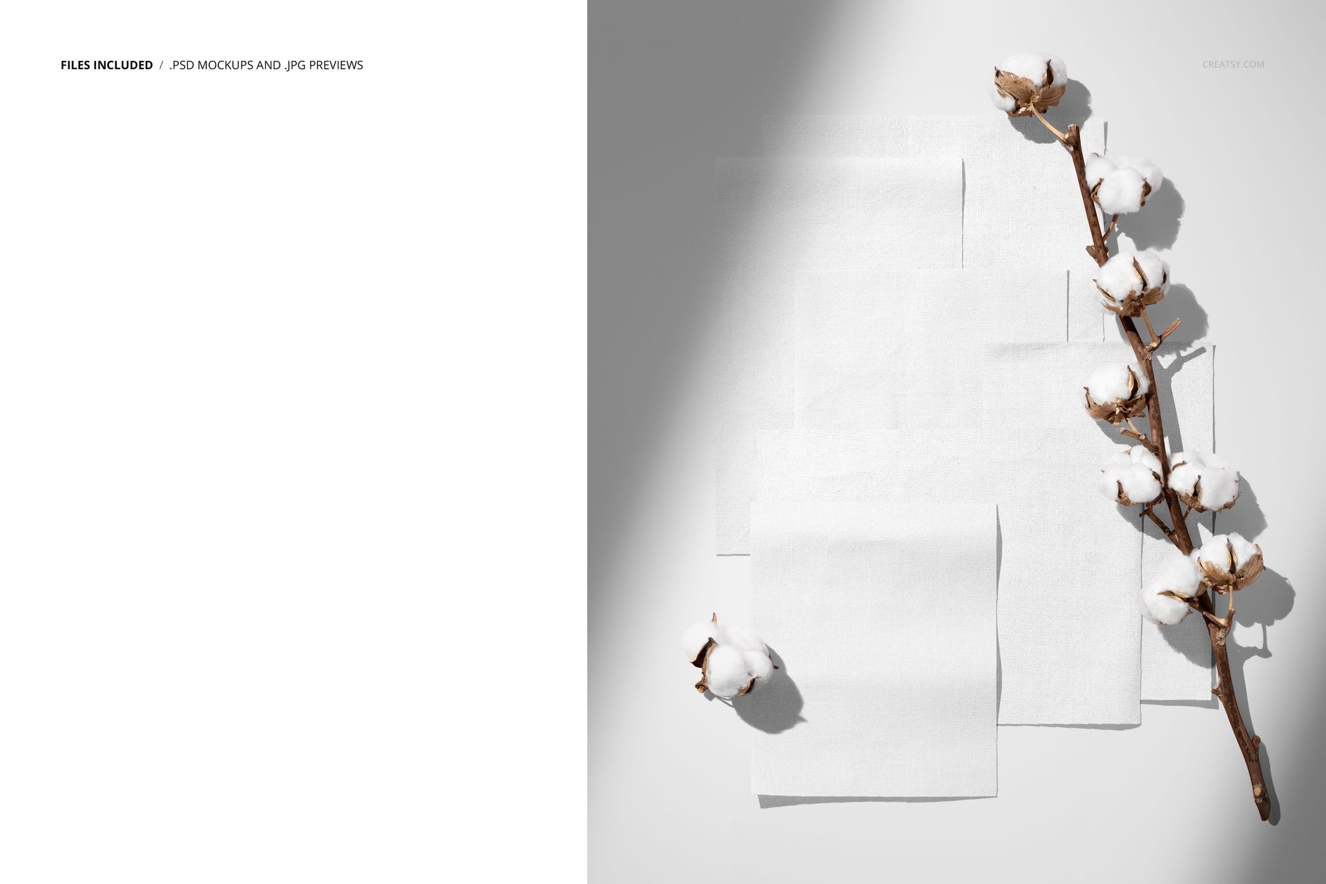 PSD mockup showing multiple cotton fabric swatches and a cotton branch, photographed from a top-down perspective.