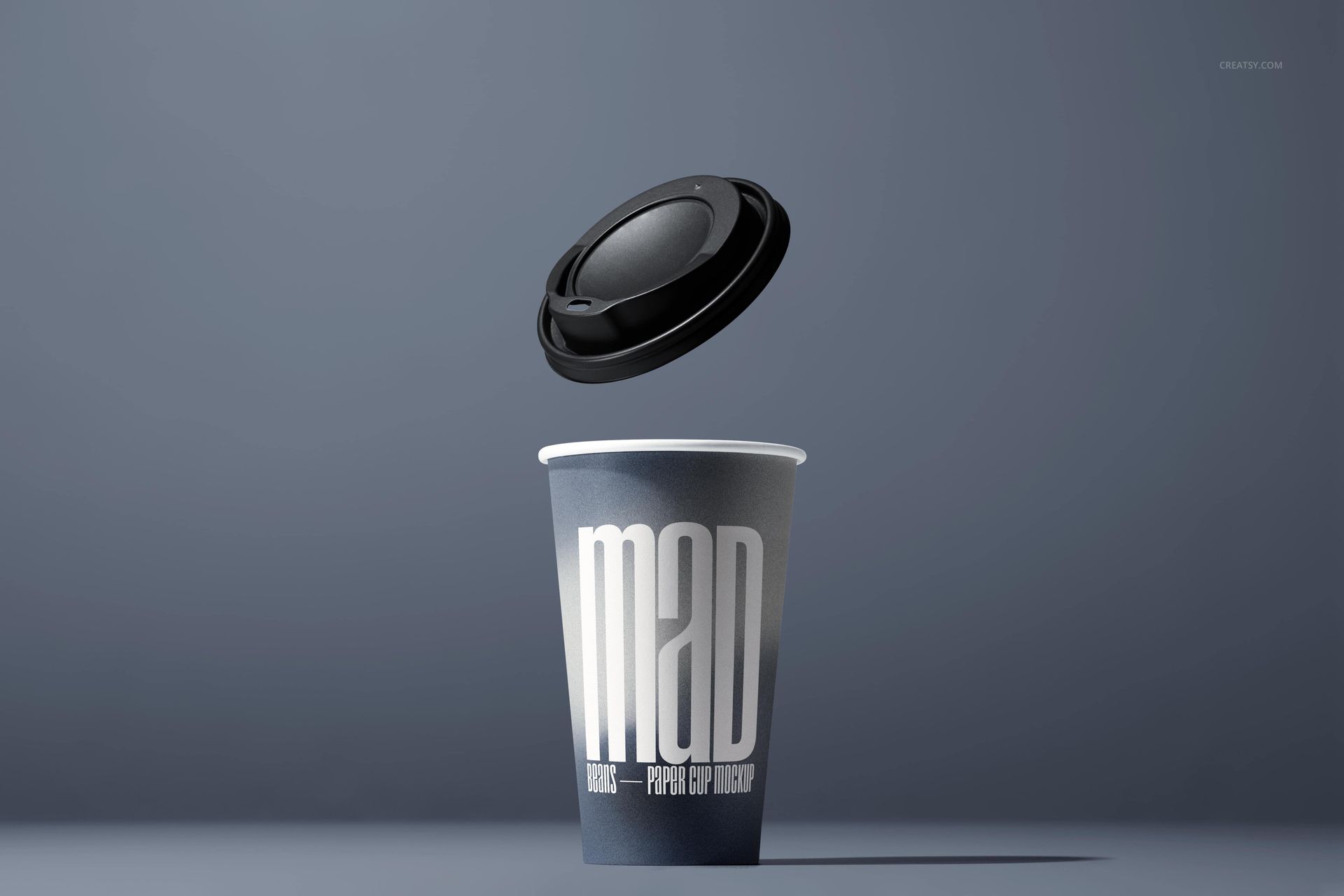 Mockup of a paper cup featuring a striking white text design, with its lid hovering in mid-air on a neutral background.
