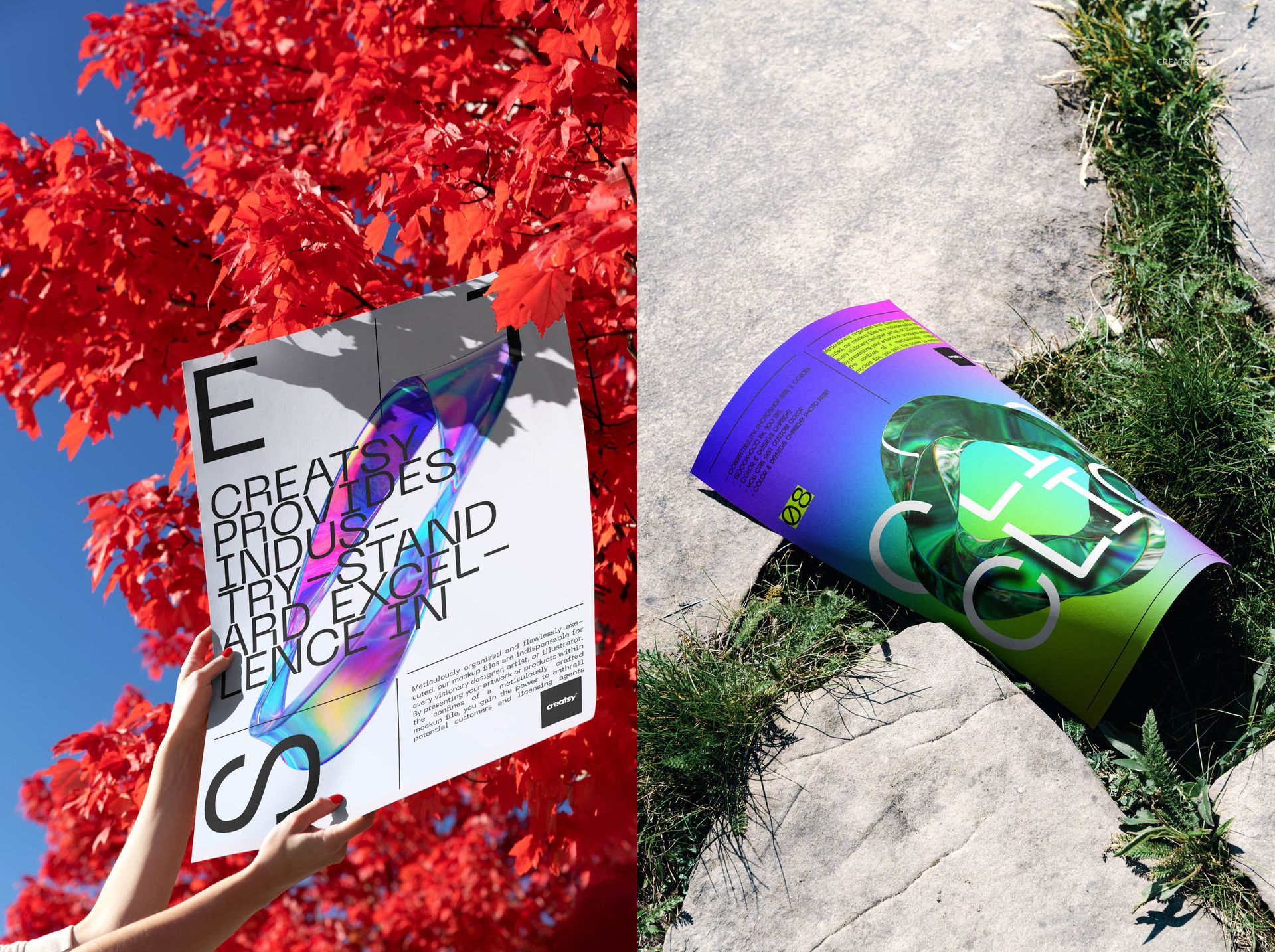 Outdoor poster mockup set showing one poster held against bright red leaves and another lying on stone pavement with green grass.