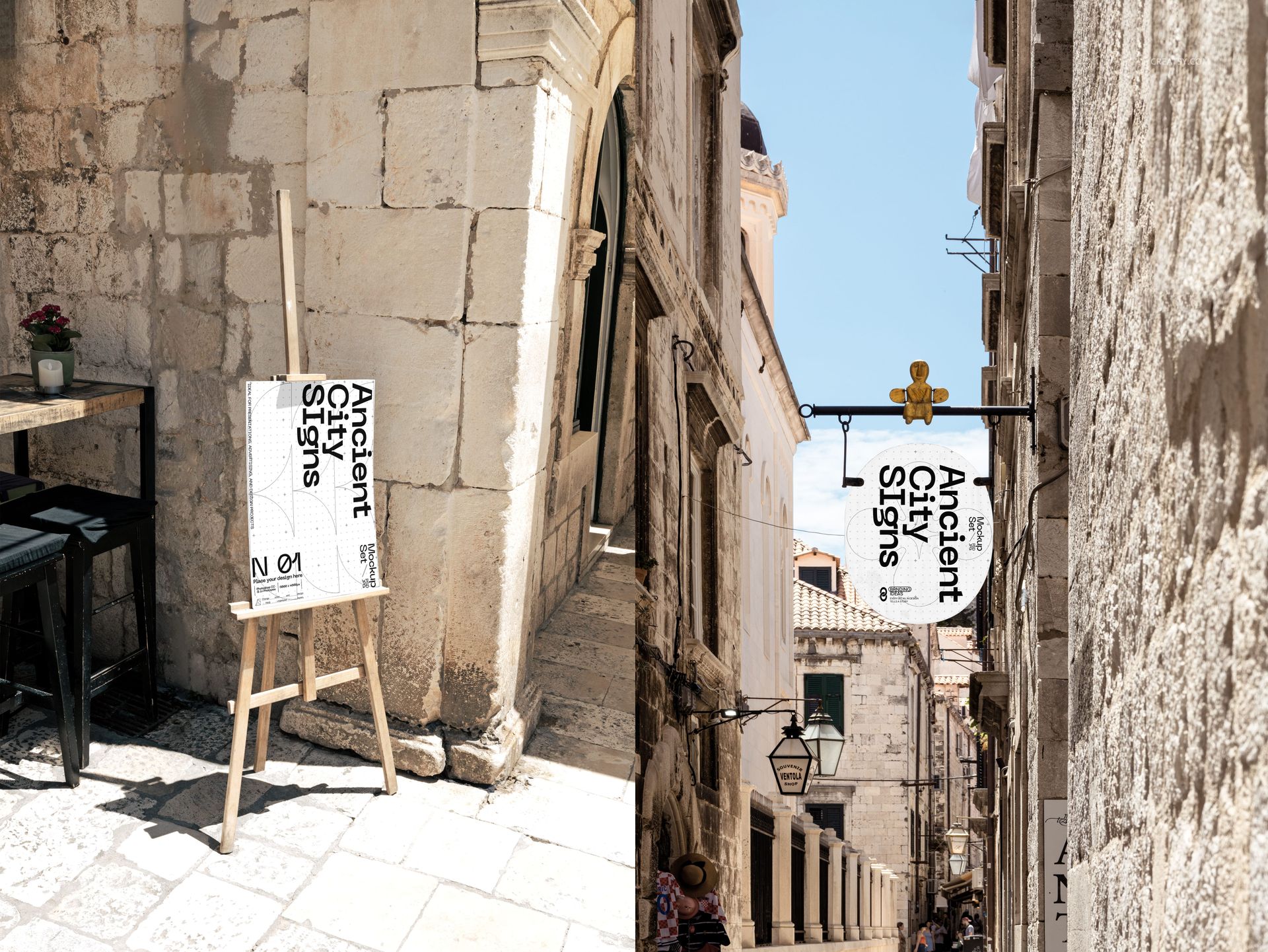 Two Mediterranean city signs mockups, one displayed on an easel outdoors and another hanging above a narrow stone street.