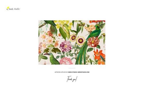 Cotton fabric mockup featuring a vibrant floral and bird pattern, shown from a front view on a white background.