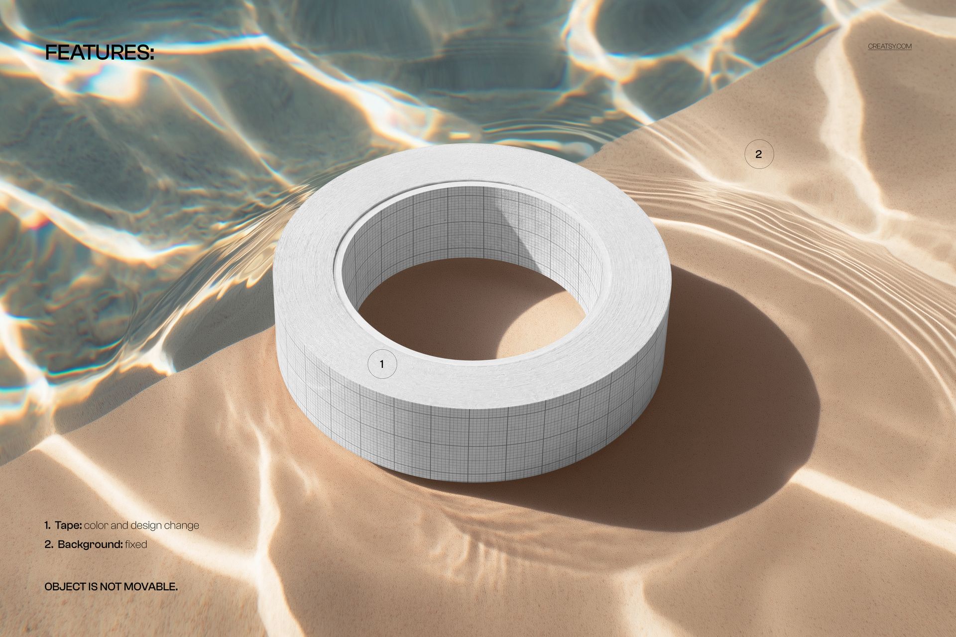 Mockup of a packaging tape roll featuring a grid design, resting on textured poolside tiles in bright sunlight.