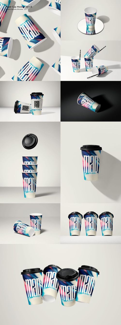 Paper cup mockup set with bold multicolored artwork, shown in top view, side view, and with lids in a studio scene.