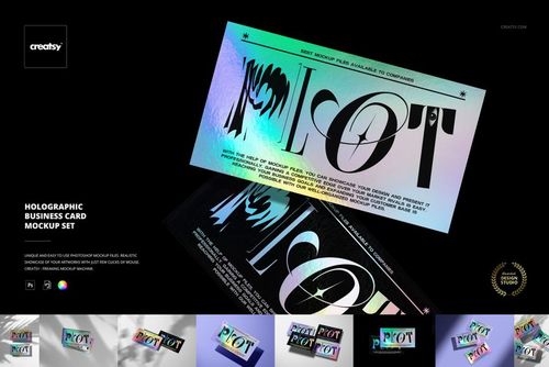 PSD mockup of holographic business cards with multicolor shine, arranged diagonally against a black backdrop.