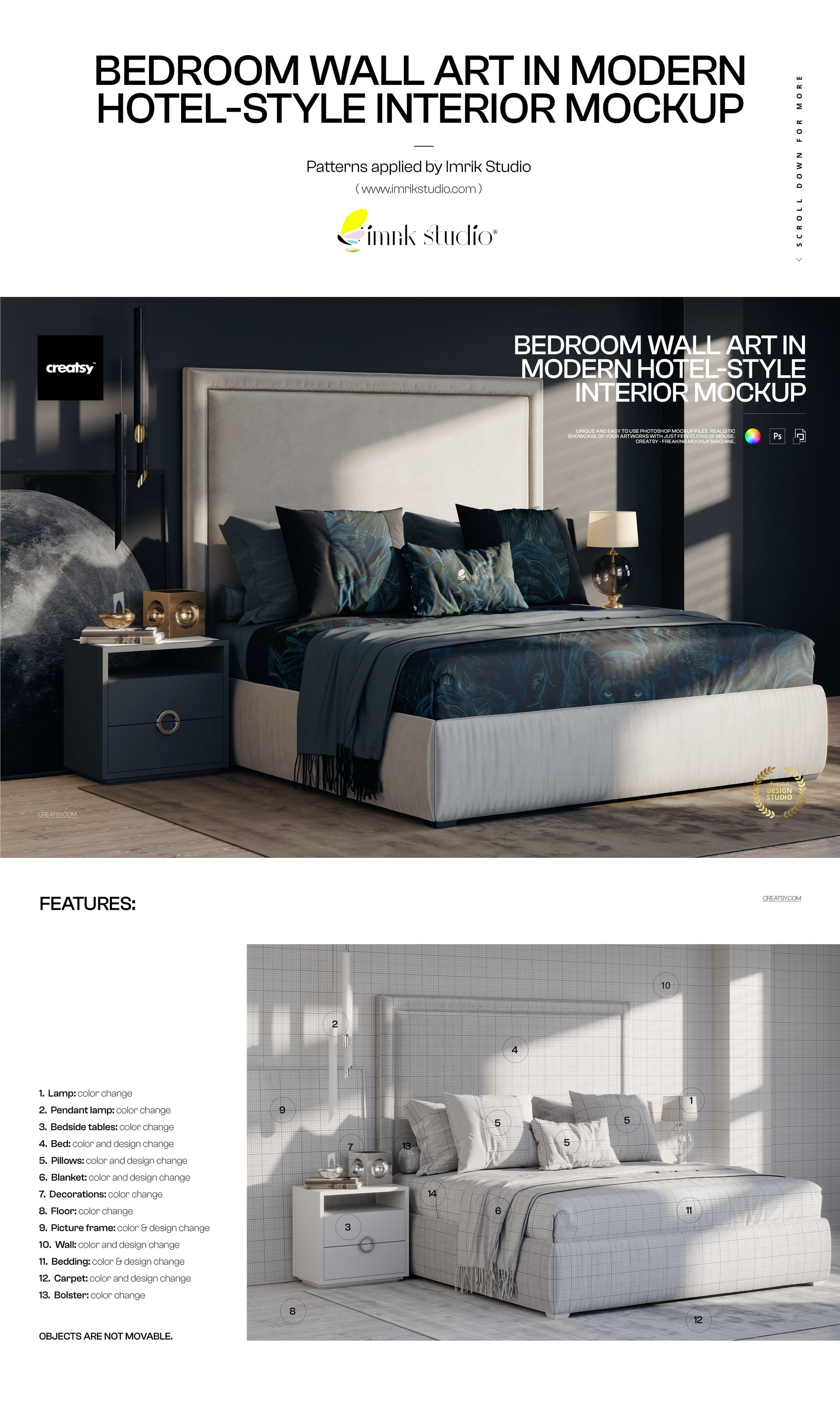 PSD mockup showing a contemporary bedroom with a gray upholstered bed, patterned pillows, and a nightstand.