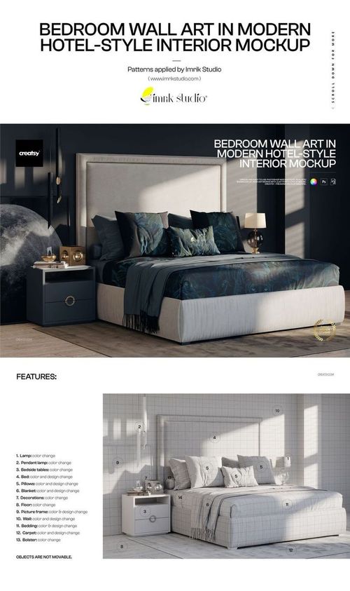 PSD mockup showing a contemporary bedroom with a gray upholstered bed, patterned pillows, and a nightstand.