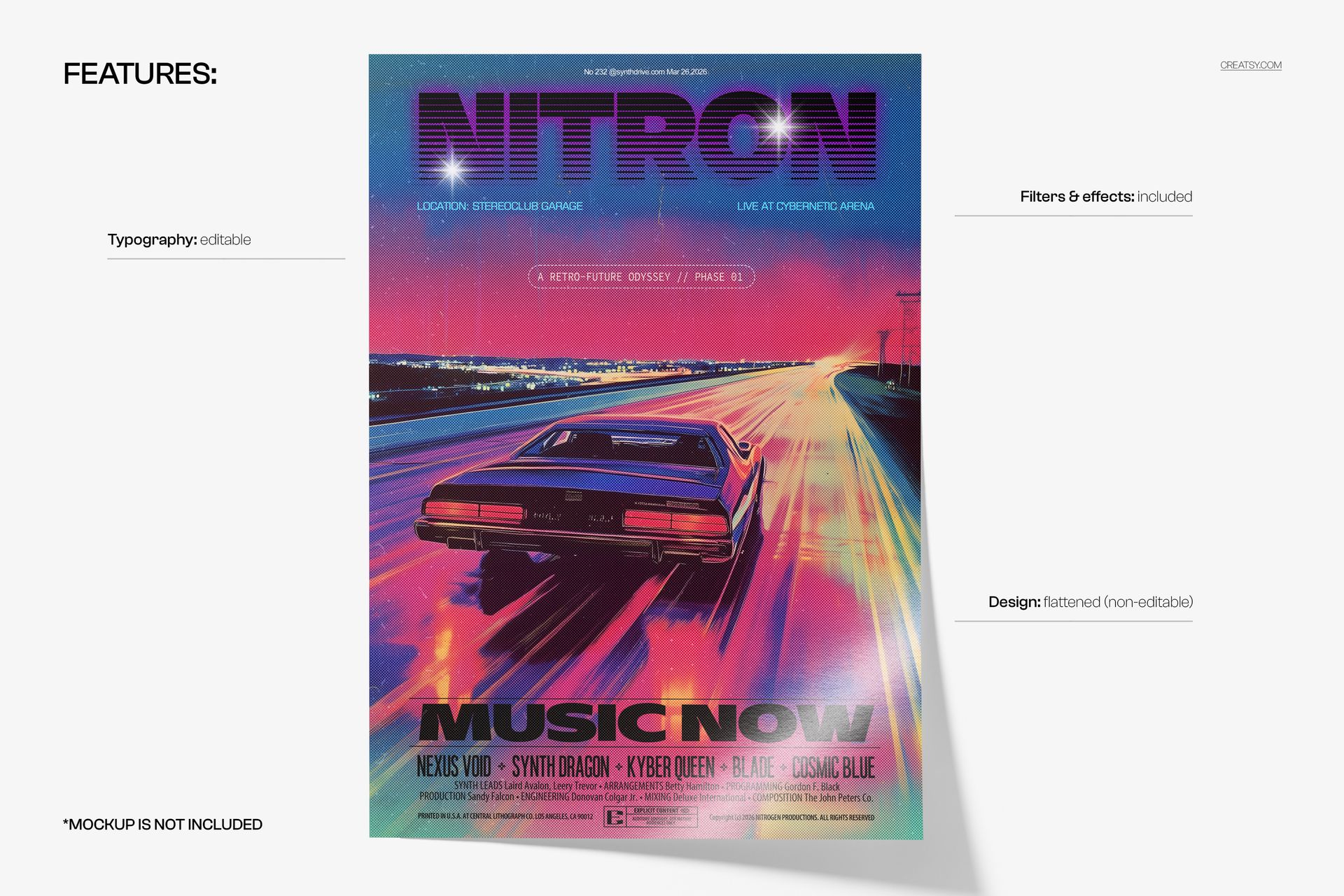 PSD mockup poster featuring a stylized car speeding along a glowing road with cyberpunk colors and cityscape backdrop.