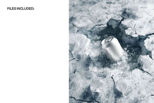 Silver soda can resting upright in a crater surrounded by cracked ice, viewed from above in a mockup scene.