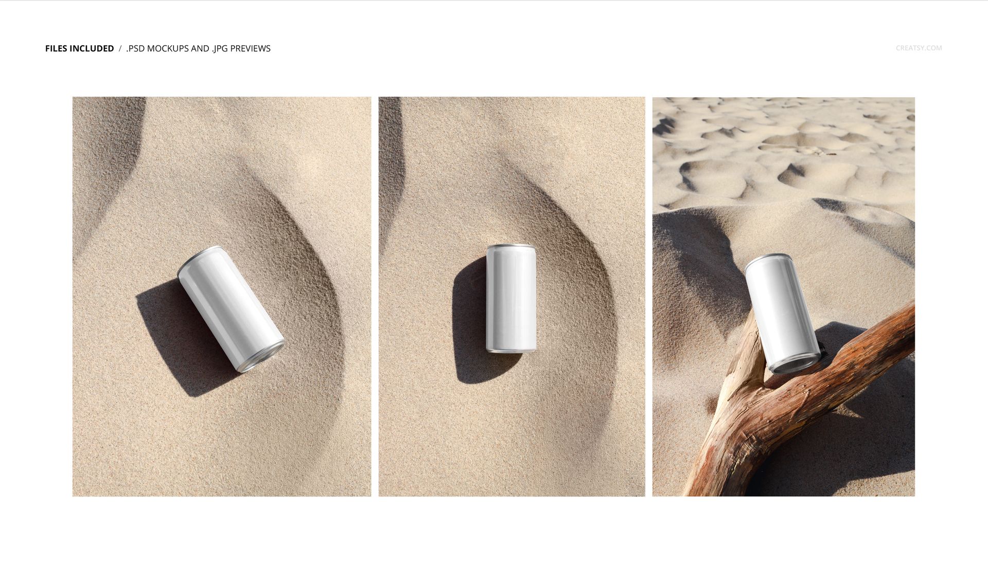 Three 200ml cans displayed on sandy beach, each shown from different angles with natural light and dune textures.
