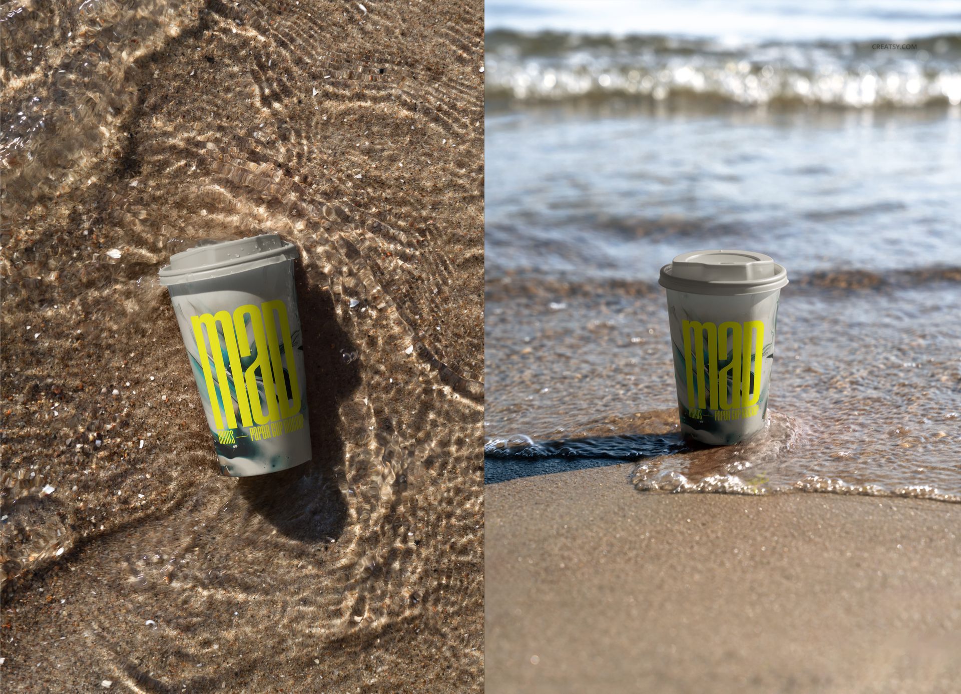 Paper coffee cup with gray lid and yellow graphic design, shown on sandy beach with water and waves, front view mockup.