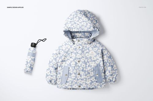 Front view of a kids rain jacket and matching umbrella mockup, both featuring a light blue and white floral pattern on a plain background.