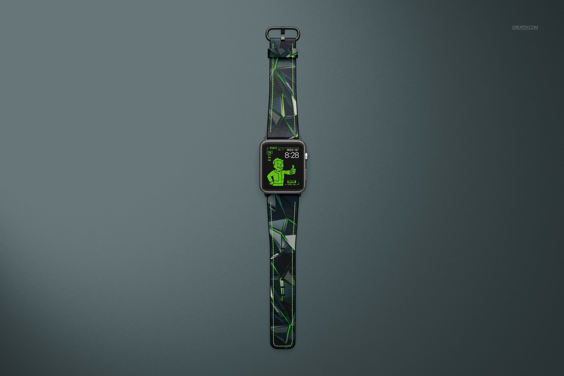 Apple Watch with a leather band featuring green geometric patterns and visible stitching, shown in a front view mockup.