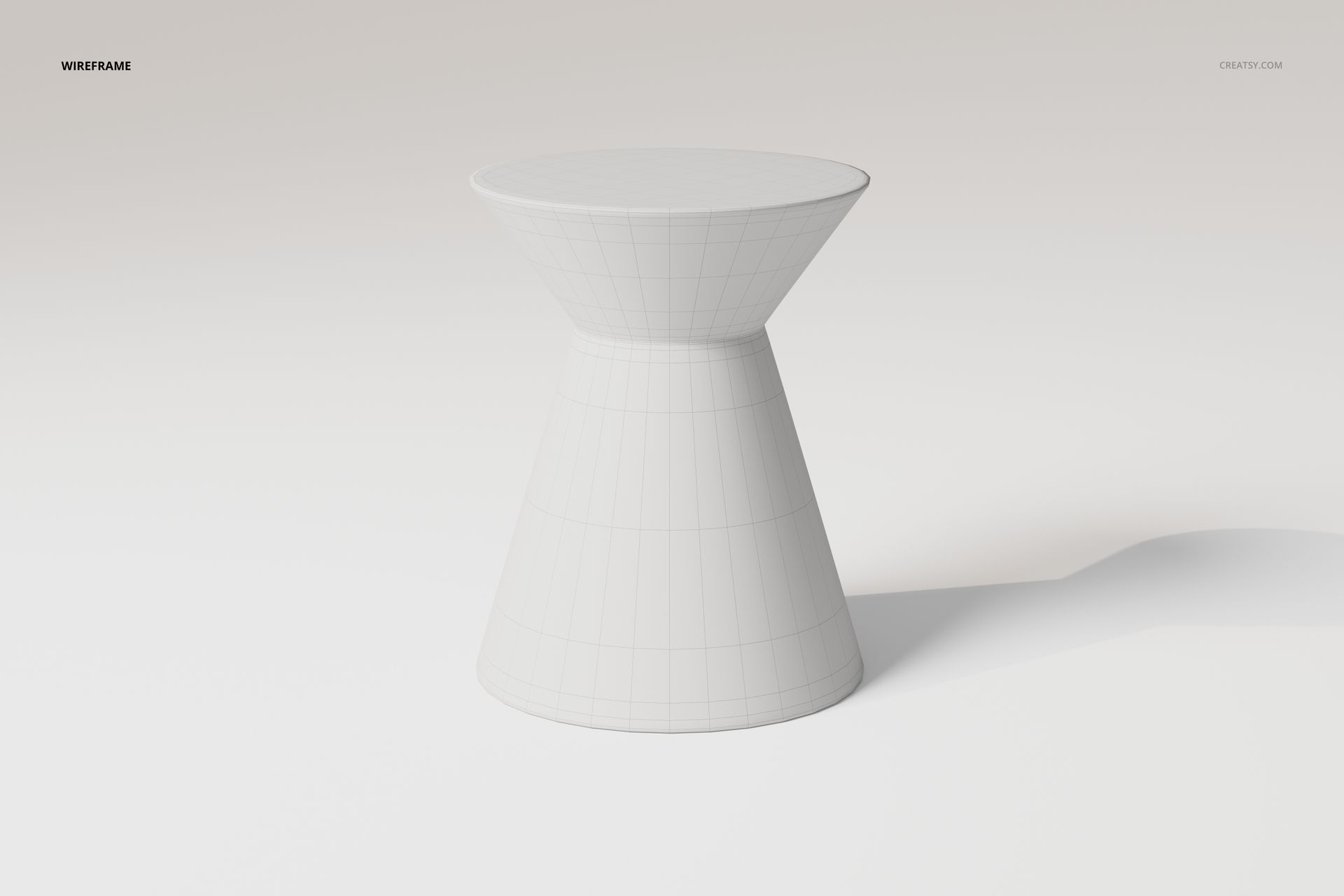 Hourglass-shaped end table in white wireframe style, shown from a front angle on a plain light background.