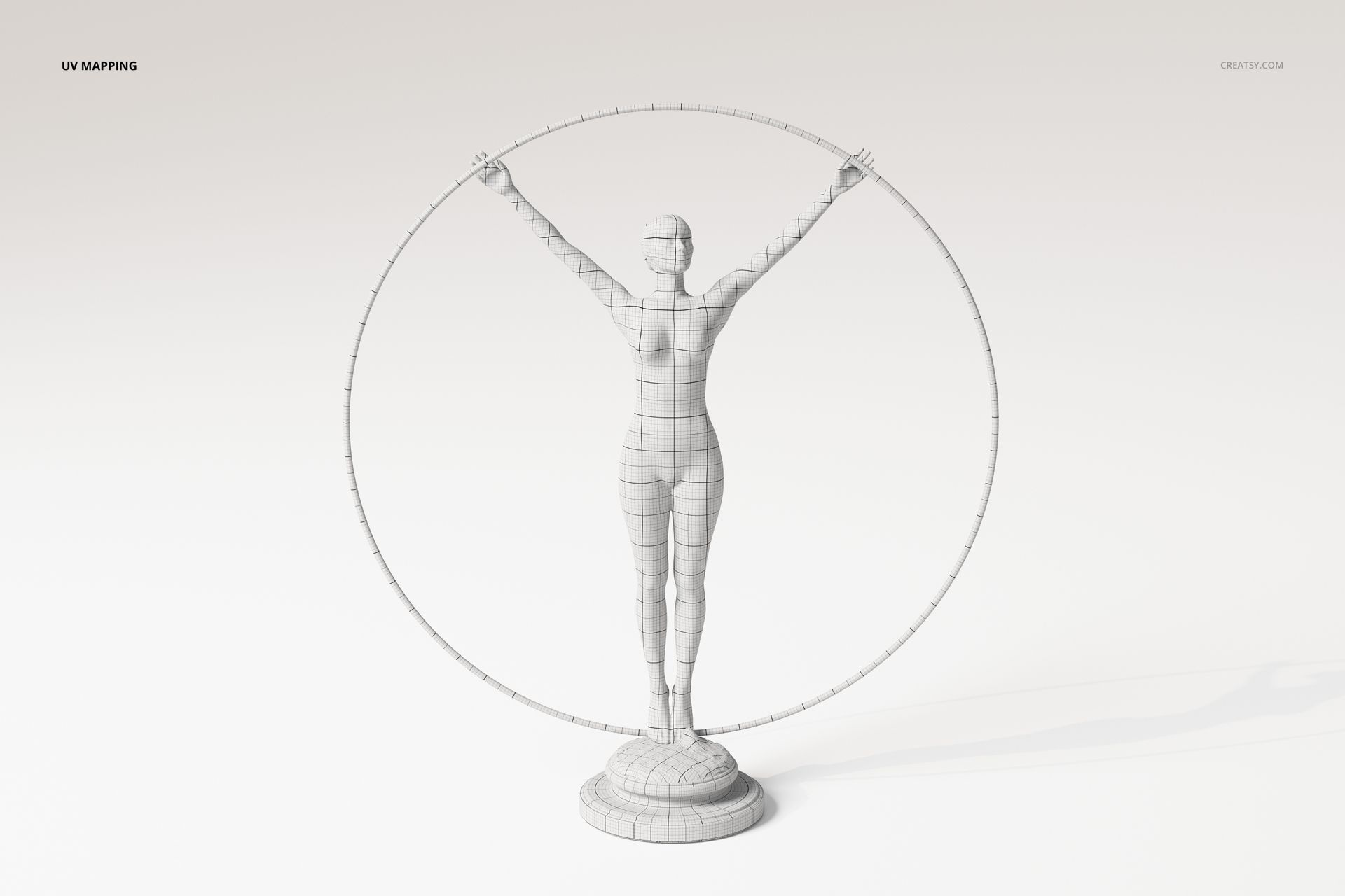 Front view of a classical woman sculpture 3D model with wireframe mesh, arms raised inside a large circle on a pedestal.