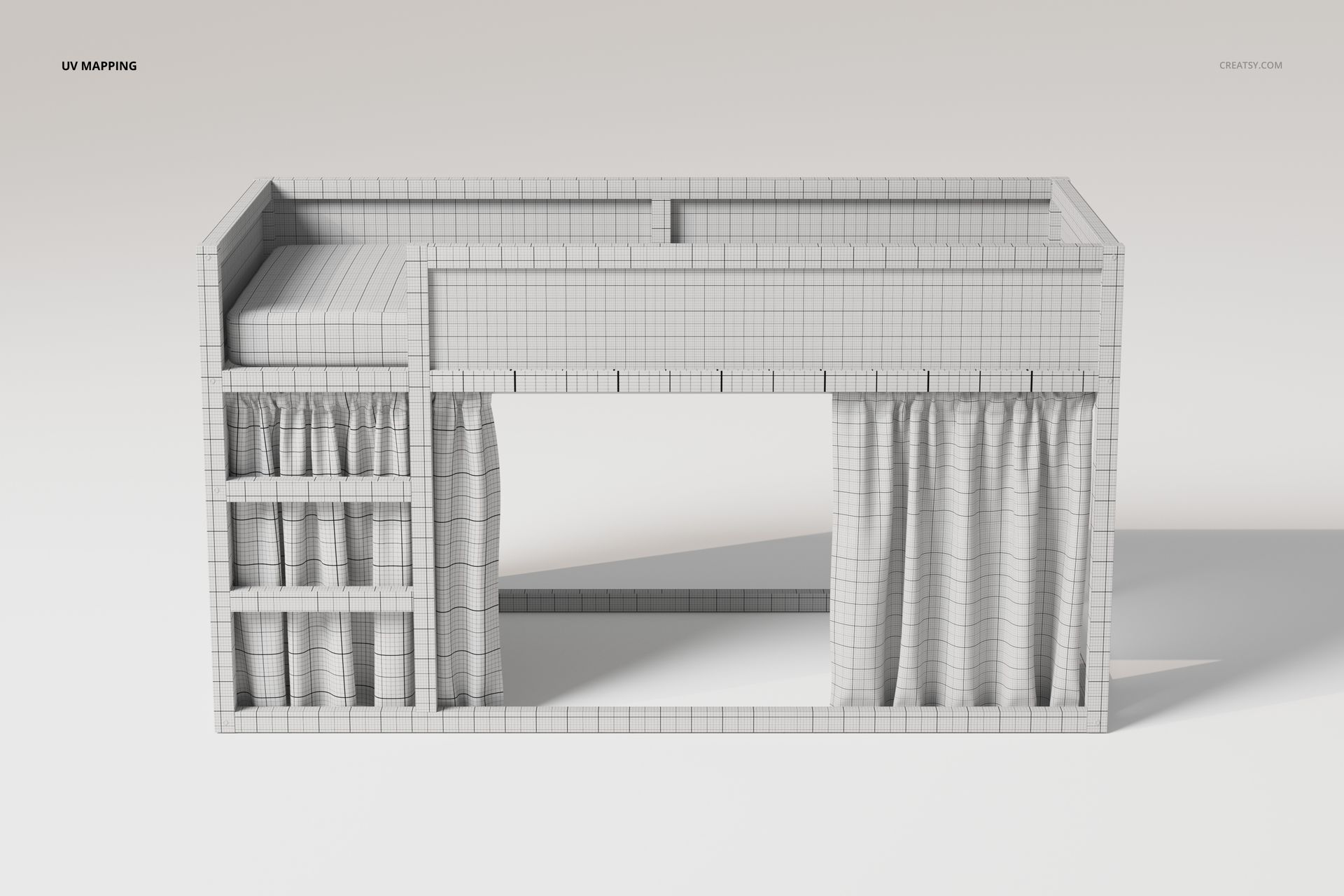 Front view of a reversible bunk bed 3D model with grid texture, featuring ladder and draped curtains below.