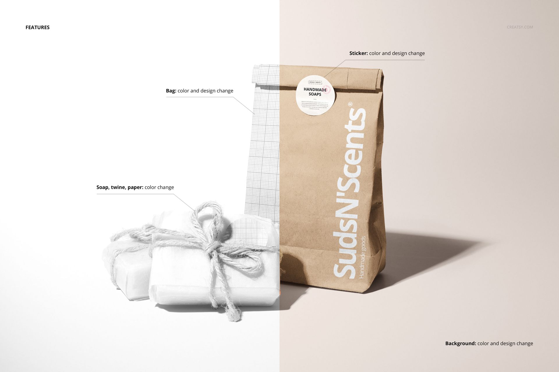 Front view of handmade soap packaging mockup featuring kraft paper bag, white soap bars, twine, and sticker label.