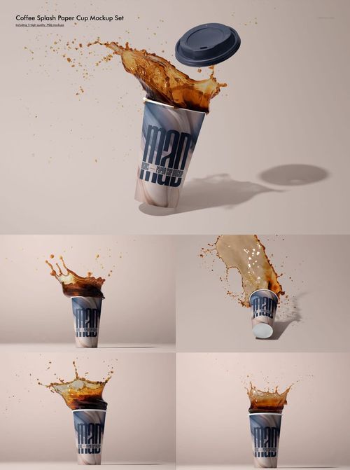 Mockup of a paper cup with bold text pattern, displayed with coffee splashing out and a dark lid on a neutral background.