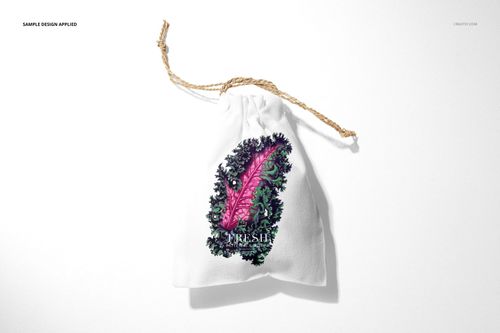 Linen pouch mockup featuring a drawstring closure and vibrant botanical artwork, shown from above on a plain surface.