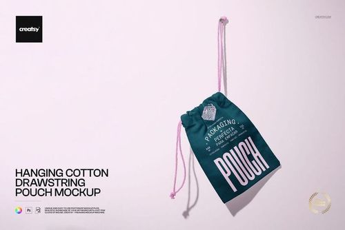 Front view of a hanging cotton drawstring pouch mockup in teal with pink cords on a light background.