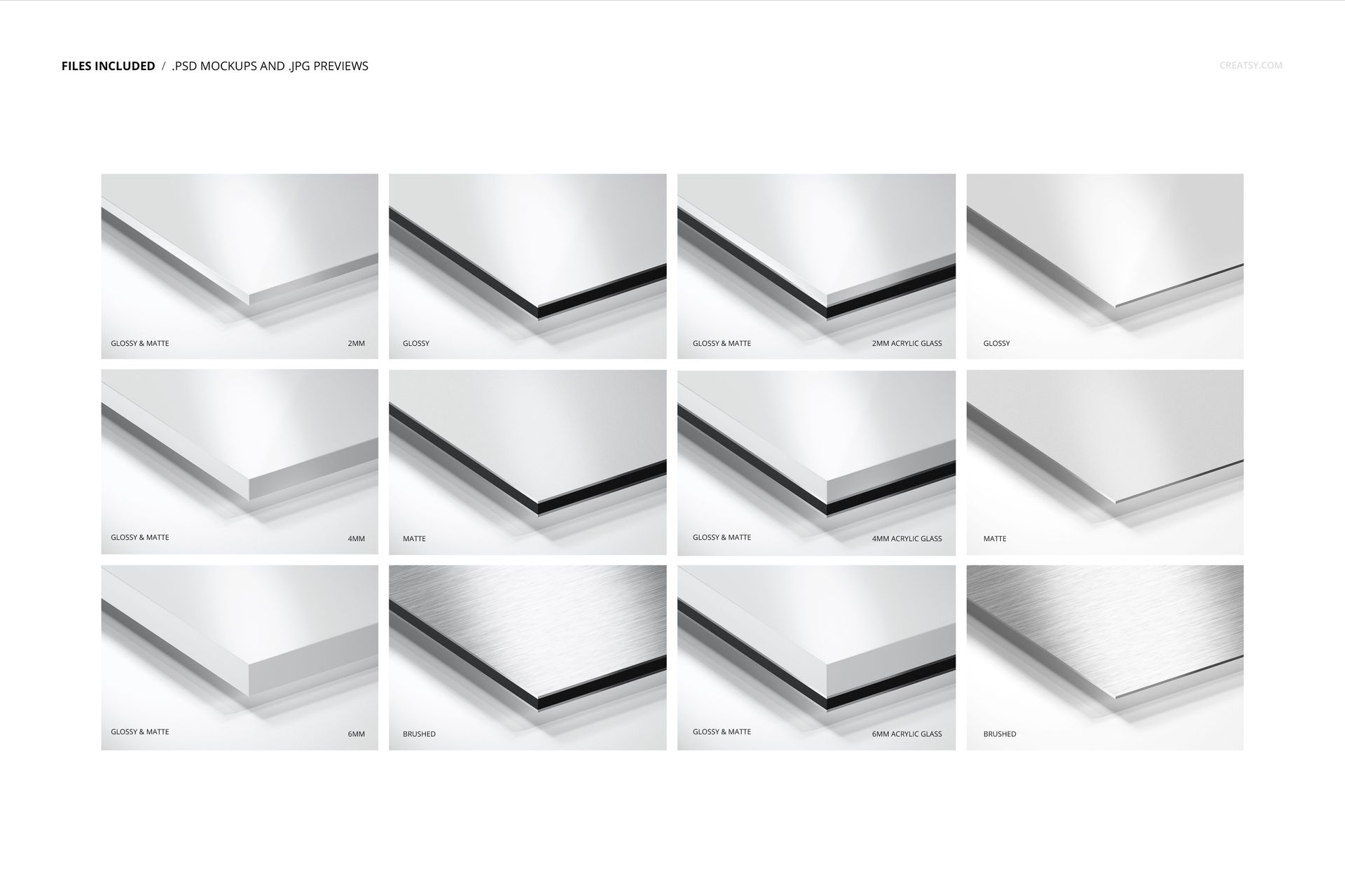 PSD mockup set displaying print material samples in close-up, featuring glossy, matte, and brushed finishes on white background.