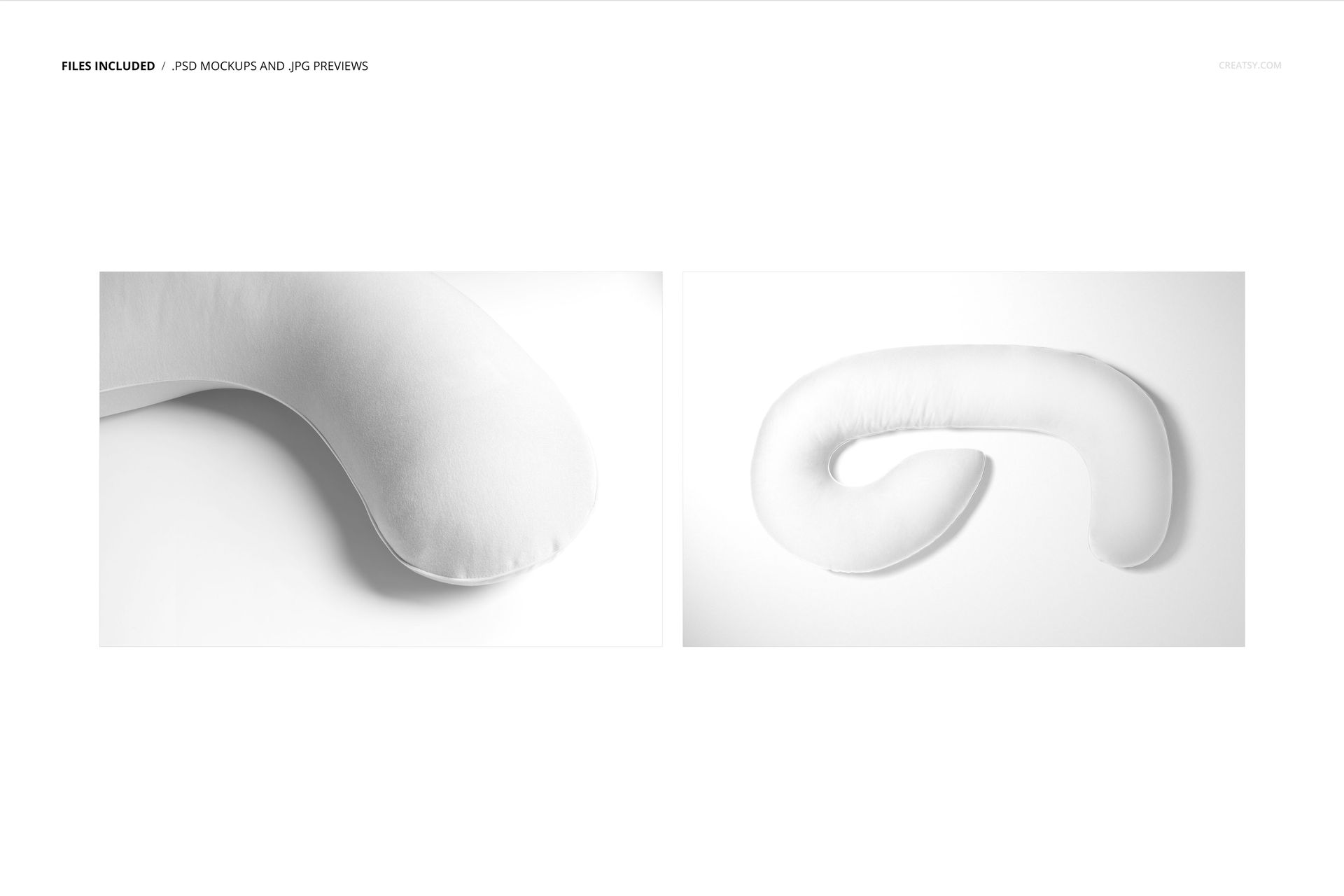 Pregnancy pillow mockup shown in front and top perspectives, featuring a soft white fabric on a clean backdrop.