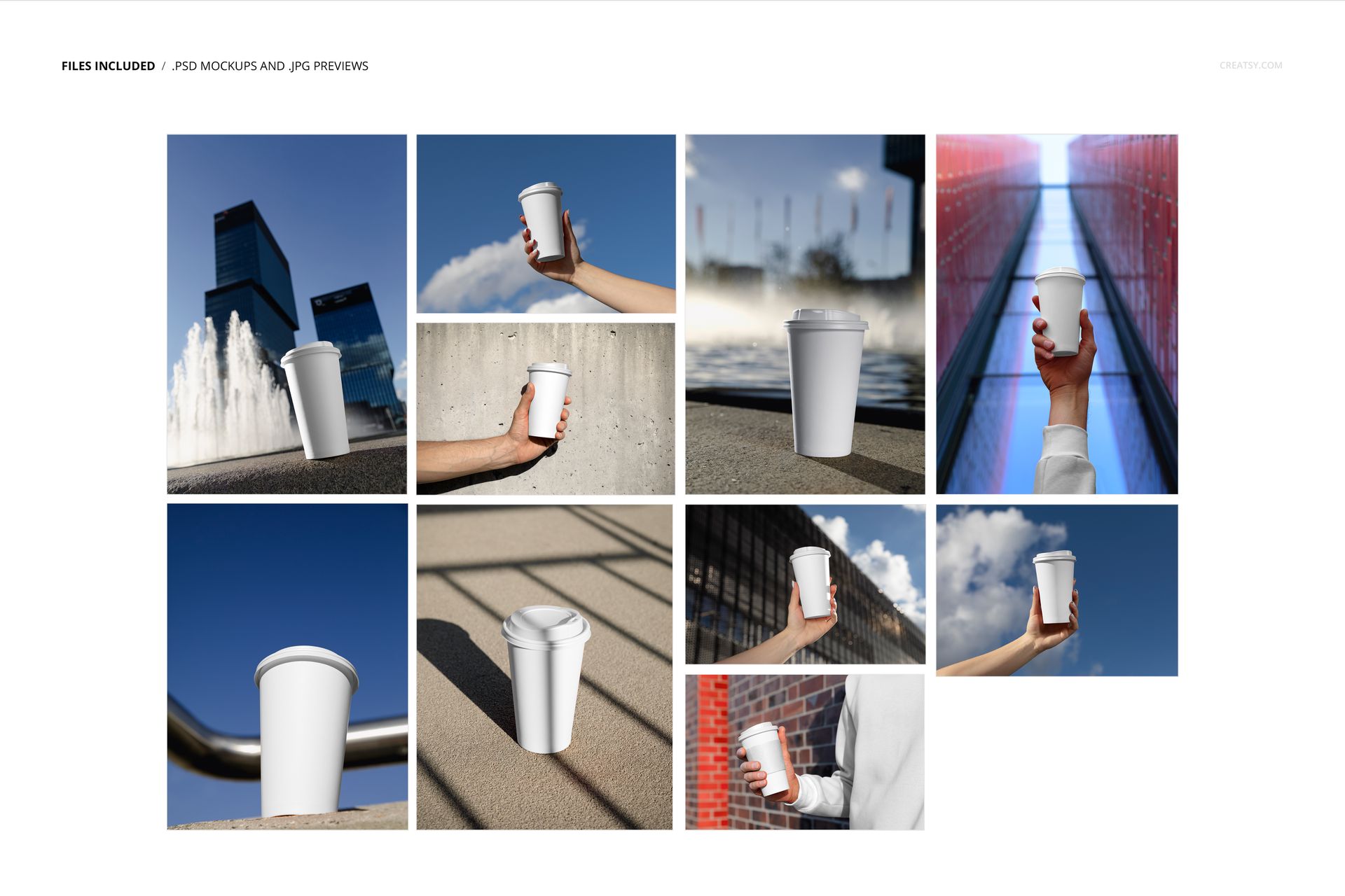 Nine mockup images featuring plain white paper cups held by hands or placed on urban backgrounds like cityscapes and stairs.