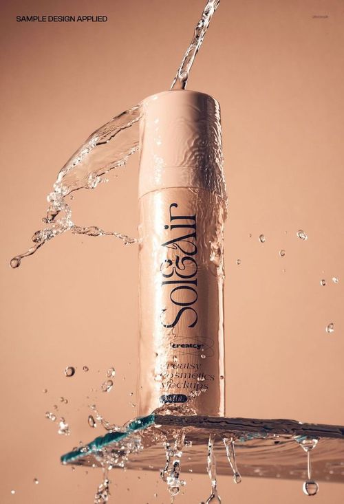 Front view of a pump cosmetic bottle mockup with water splashing over it, set against a soft beige backdrop.
