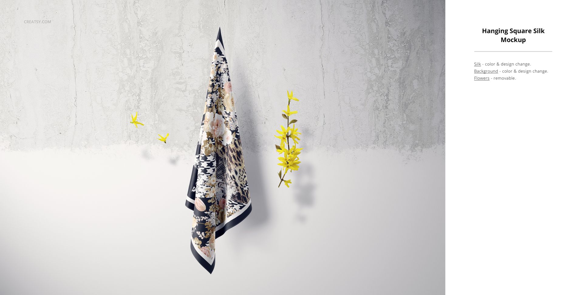 Square silk fabric mockup displayed hanging, featuring a mix of black, beige, and floral designs, with yellow flowers nearby.