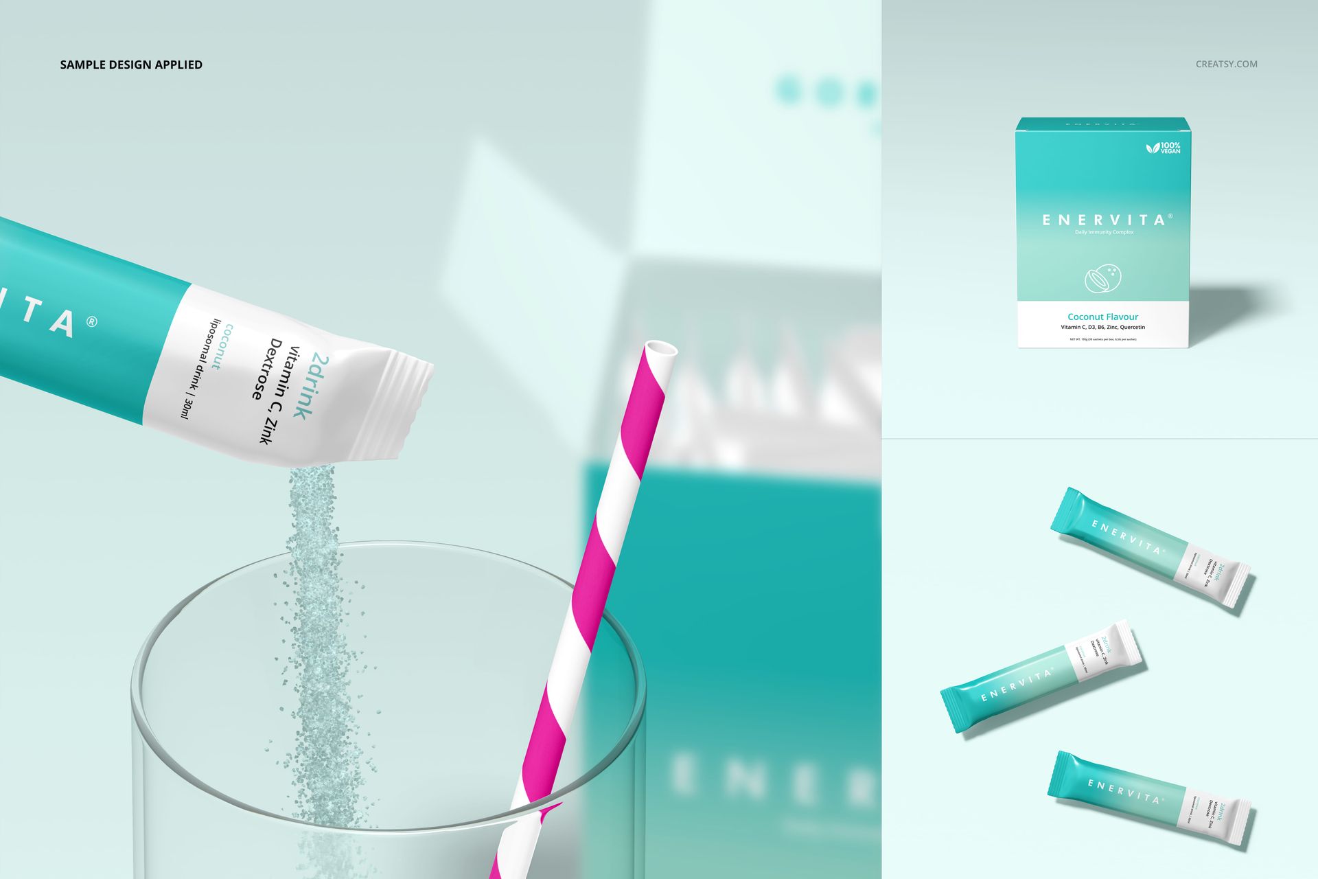 Box with sachets mockup showing a teal box, sachet packets, and a close-up of powder pouring into a glass with a pink-striped straw.
