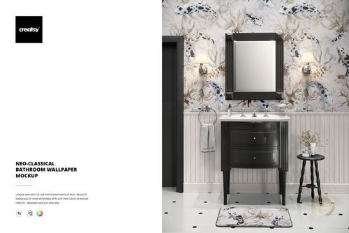 Elegant bathroom scene featuring ornate wallpaper, black furniture, white wainscoting, and a PSD mockup setup.