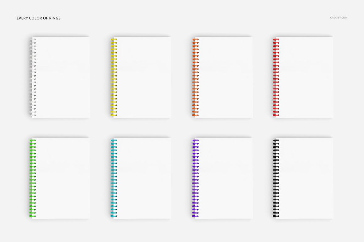 Notebook mockup set showing blank covers and assorted spiral ring colors, neatly organized in two horizontal rows.