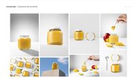 Mango jam jar PSD mockup set featuring clear jars with white lids, displayed with mango slices and spoons on white backgrounds.