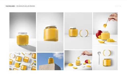Mango jam jar PSD mockup set featuring clear jars with white lids, displayed with mango slices and spoons on white backgrounds.