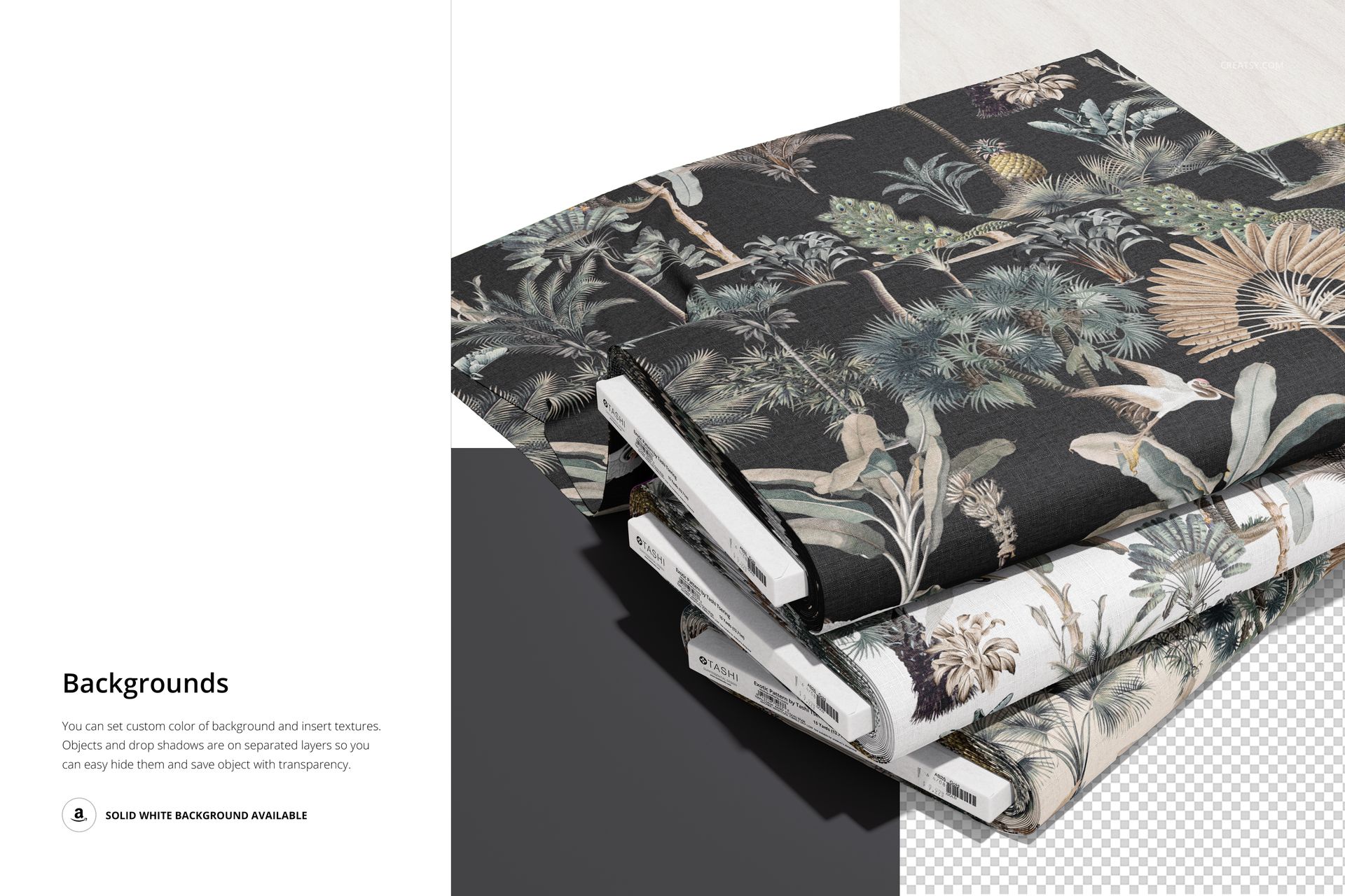Three fabric bolts featuring leafy and floral designs in earthy colors, displayed in a PSD mockup on a diagonal surface.